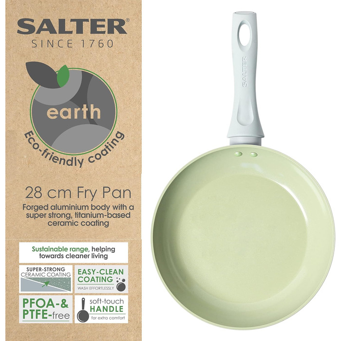 Сковорода Salter Earth 28 см, керамічна, антипригарна, без PFOA/PFAS/PTFE, для індукції, з бакелітовою ручкою, універсальна, легка у догляді