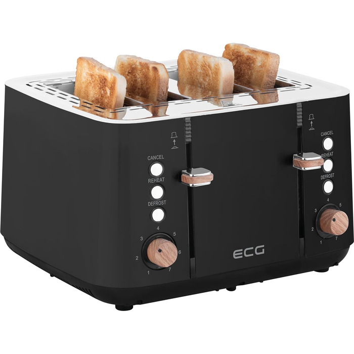 Тостер ECG ST 4768 Timber Black, 4 скибки, чорний, дерево