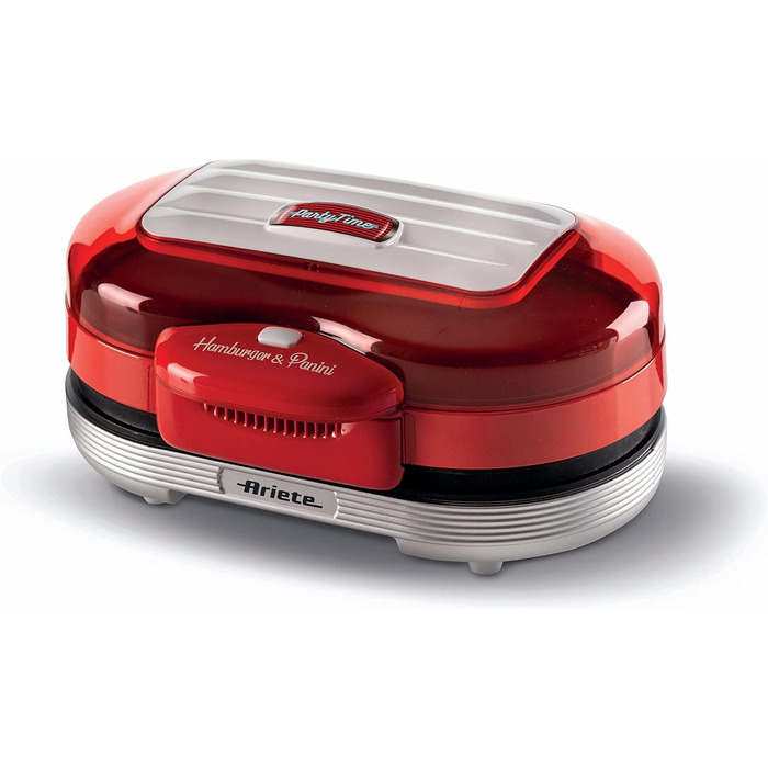 Ariete Hamburger Maker Party Time 205 – електричний сендвіч-мейкер та гриль з антипригарними пластинами, 1200 Вт, для бургерів, червоний
