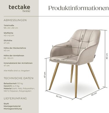 Крісло tectake® з велюровою оббивкою, сучасні кухонні стільці, зручний крісло для вітальні, стілець для їдальні, стілець для туалетного столика - (набір 1 шт, пудровий/золотий)