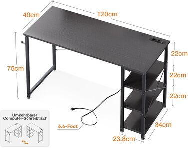 Комп'ютерний стіл ODK 120x40x75 см з розетками, USB, реверсивною полицею, для офісу та вітальні, коричневий