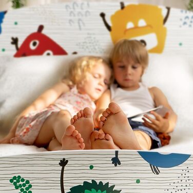 Дитяче ліжко Relaxdays 60x94x143 см, з бортиками, полицею, малюнком Монстри, з рейковим дном, МДФ, кольорове