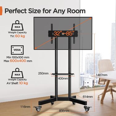 Переносна стійка Perlegear для телевізорів 32-85" (плазма/LCD/LED) до 60 кг, мобільна підставка на колесах із поличкою, регулювання висоти, VESA 600x400 мм