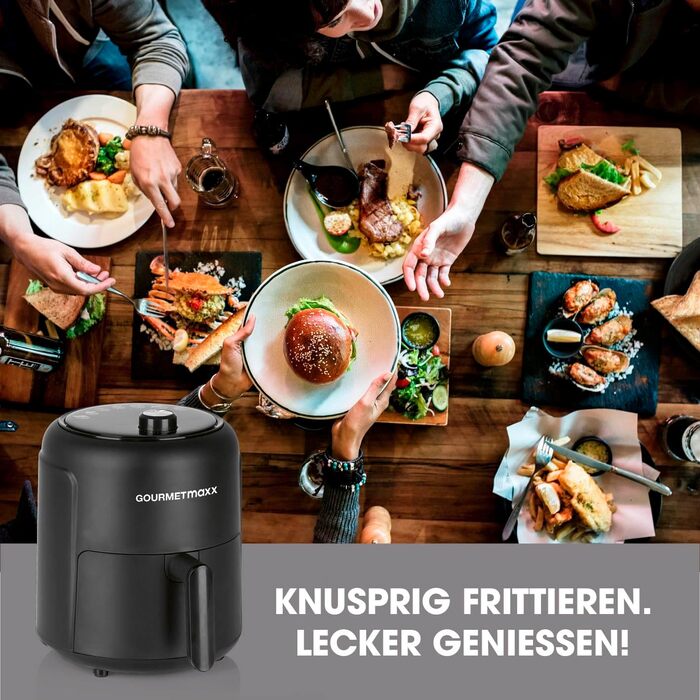 Фритюрниця з гарячим повітрям GOURMETmaxx 2,3 л, 1000 Вт, 9 програм, таймер 60 хв, енергозберігаюча, майже без олії, матова чорна