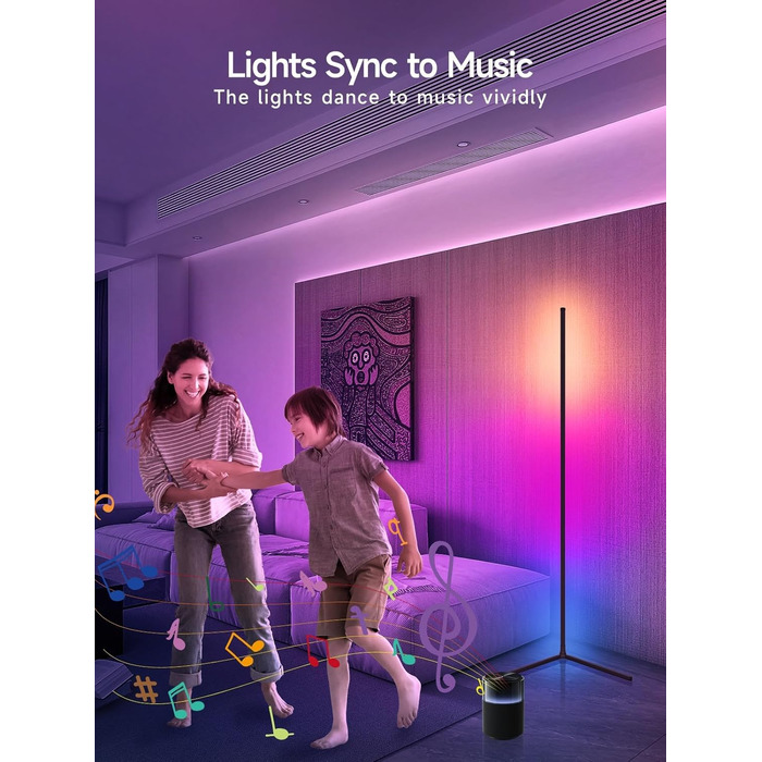 LED торшер у вітальню RGB кутовий, димується з пультом та додатком, синхронізація з музикою, DIY-режим, таймер - чорний