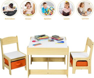 Детский набор мебели COSTWAY: стол и 2 стульчика из дерева (3 в 1) для детей 3-7 лет