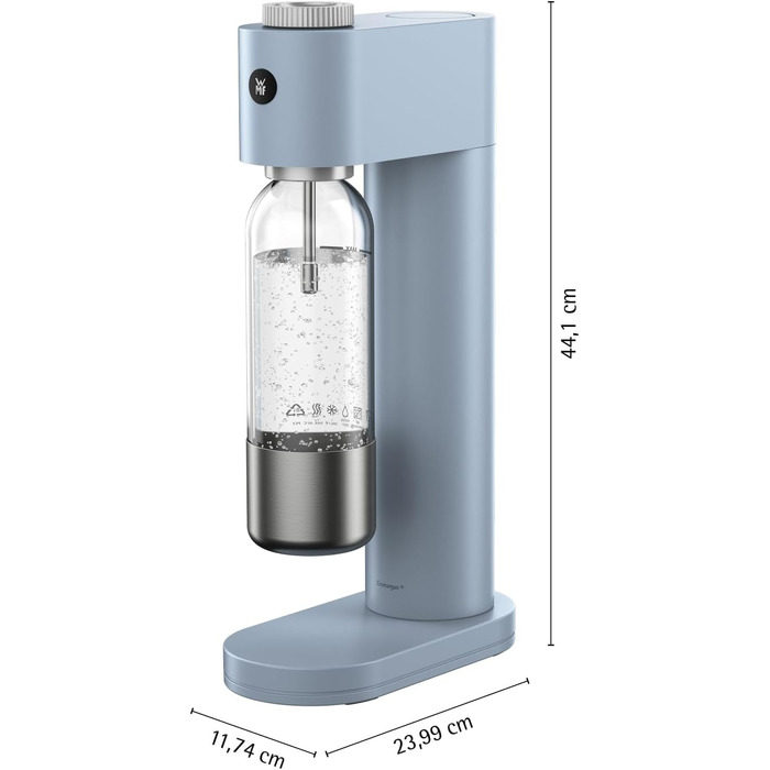 Автоматичний сифон для води WMF Element One зі сталі, світло-блакитний — газовий сифон для створення газованої води з 3 рівнями інтенсивності