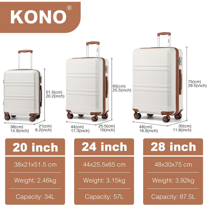 Чемодан середнього розміру KONO 24 дюйми з ABS, TSA-замком та 4 колесами (65×44×25.5 см)