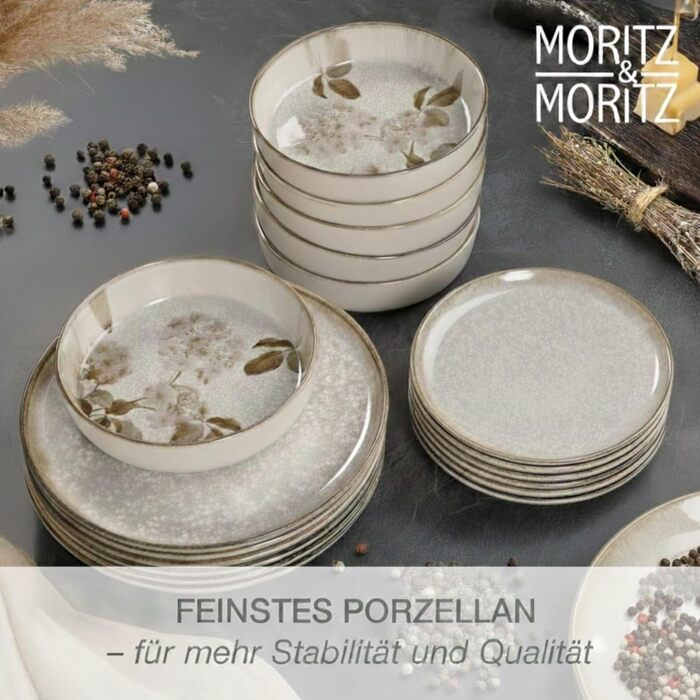 Набір посуду Moritz & Moritz BLOSSOM 24 предмети на 6 осіб - сучасний керамічний сервіс з квітковим дизайном, тарілки, чашки, миски