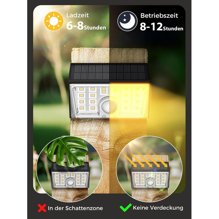 Комплект сонячних настінних світильників Smiling Shark WL-06 (4 шт), LED-лампи з датчиком руху 120°, 4 режими роботи, водонепроникні IP65 для саду, тераси та паркану, тепле біле світло