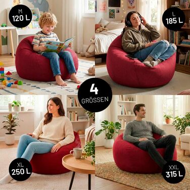 Мішок-крісло Lumaland Comfort Line 80x90x50 см, червоний - м'яке та зручне для дітей та дорослих, з EPS-гранулами (185 л)