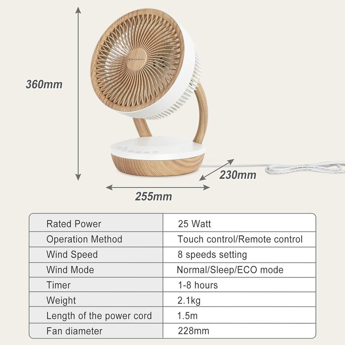 Вентилятор настільний MYCARBON FS05-DC: тихий, 8 швидкостей, 1850 м³/год, ECO-режим, 3D-циркуляція повітря для спальні 30м², таймер 8 год