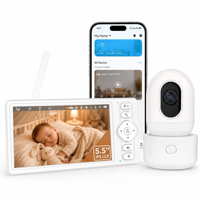 Відеоняня HelloBaby з WiFi та камерою: монітор з нічним баченням, датчиком руху, двостороннім аудіо та керуванням через додаток (5.5 дюймів, білий)