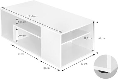 Стіл журнальний ML-Design білий глянець 100x42x60 см, з полицею зі скла та 4 бічними відділеннями, сучасний стіл для вітальні з місцем для зберігання, дерев'яний кофейний стіл