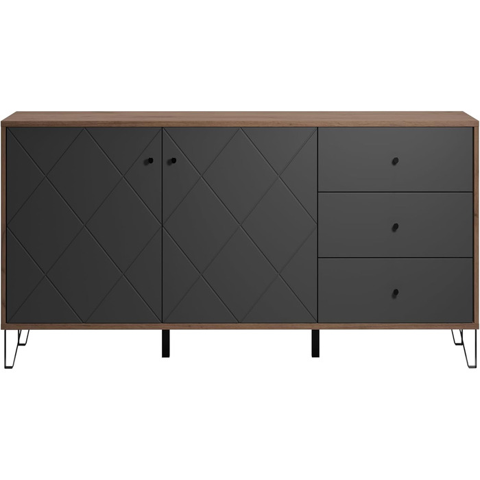 Сервант trendteam smart living Montez, сірий/дуб, 2 двері, 3 шухляди, фрезеровані фасади, металеві ніжки, 183x76x40 см