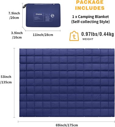 Кемпінгова ковдра KingCamp 175×135 см, легка, універсальна, тепла, ультралегка, для пікніка, пляжу, кемпінгу, подорожей, автомобіля, синя