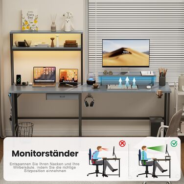 Ігровий стіл кутовий HLONONE 170x100 см з LED, розетками та USB, шухлядами, підставкою під монітор, сірий. Комп'ютерний стіл для геймінгу та офісу