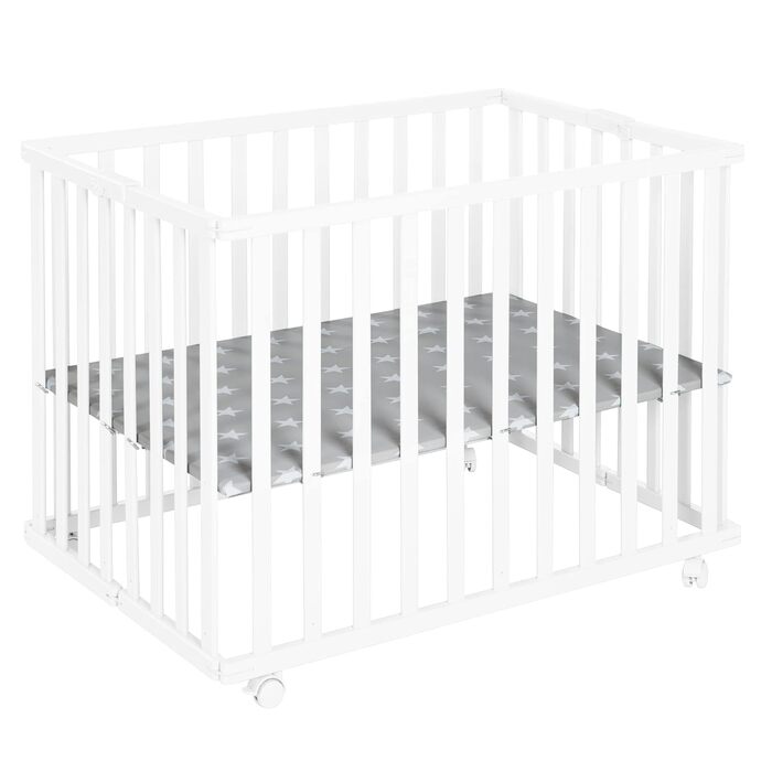 Дитячий манеж roba складаний, білий, дерево, з матрацом Little Stars, 74x100 см, компактний, на колесах