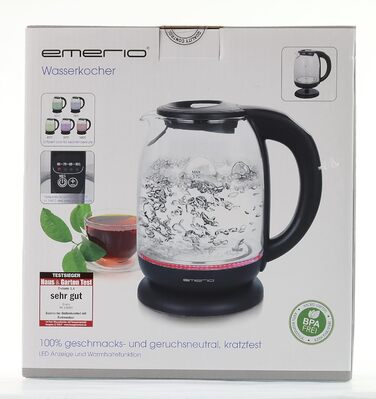 Електричний скляний чайник Emerio WK-119255, 1.7 л, регулювання температури, 2200 Вт, нержавійка, BPA-free, захист від перегріву, автоматичне вимкнення