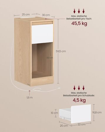Приліжкова тумбочка VASAGLE з LED-підсвічуванням, USB-A та USB-C, шухляда та відкрите відділення, для спальні/вітальні, білий колір (LET60W0)