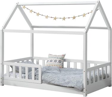 Дитяче ліжко Juskys Marli 80x160 см з бортиком, ламельною основою та дахом, будиночок з масиву дерева, біле