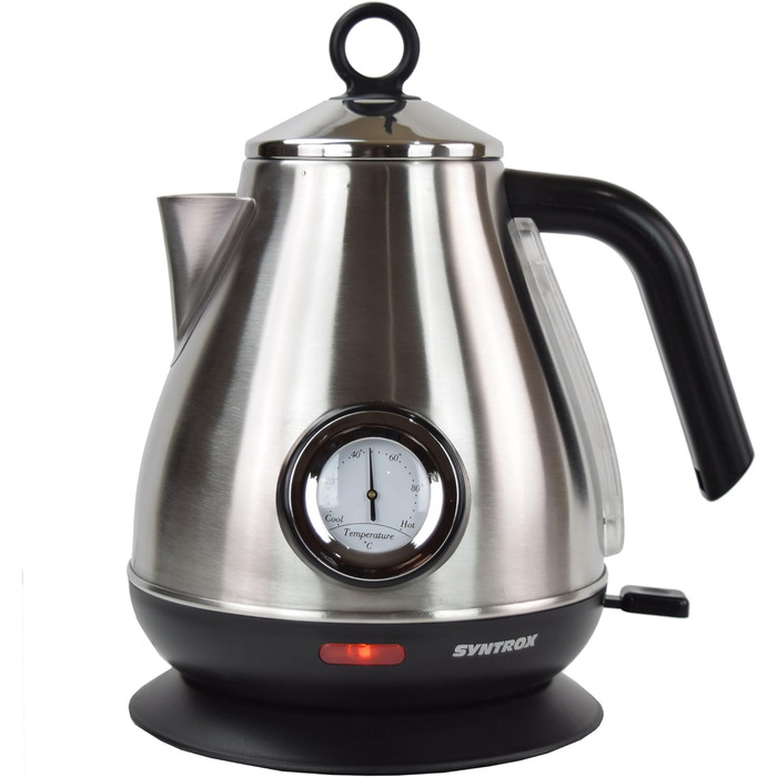 Електрочайник Syntrox Germany WK-2200W-1.7T, 2200 Вт, 1.7 л, нержавіюча сталь, з термометром, бездротовий, 360°, чайник для води та чаю