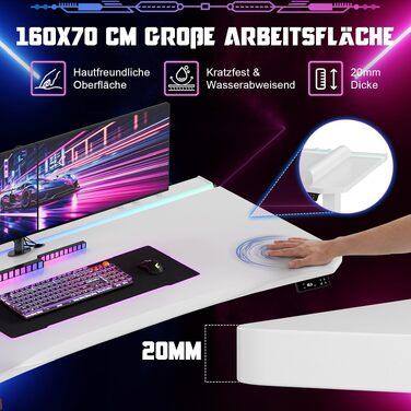 Регульований по висоті письмовий стіл Devoko 160x70 см, ігровий стіл для комп'ютера з двома моторами, LED-підсвіткою та системою кабель-менеджменту, білий