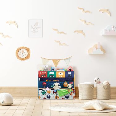 Дитяча полиця Relaxdays з 9 текстильними коробами, монстри, 70x92,5x30 см, іграшковий органайзер для кімнати, синій, бірюзовий, оранжевий