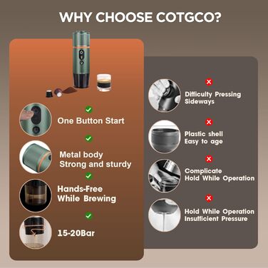 Портативна кавомашина на акумуляторі для подорожей COTGCO - Кавоварка для кемпінгу - Приготування 40 мл кави за 3 хвилини в авто - Насолоджуйтесь кавою на природі - Сумісна з капсулами Nespresso - Зелена