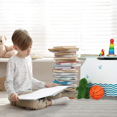 Іграшкова скриня Relaxdays Seemann з кришкою, 46x84x42,5 см, біло-синя, з відділенням для книг, ігрова коробка для зберігання іграшок