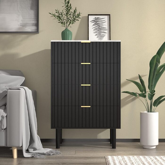 Комод UEV з 4 шухлядами, 60x34x94 см, вузький комод з мармуровою стільницею, шафа для зберігання у вітальню, спальню, коридор, чорний