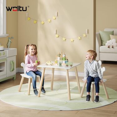 Дитячий стіл з 2 стільцями Woltu для дитячої кімнати, ігрової зони, садочка. Зручні стільці з підлокотниками. Комплект меблів з МДФ та масиву дерева, білий + світлий дуб. Квадратний стіл.