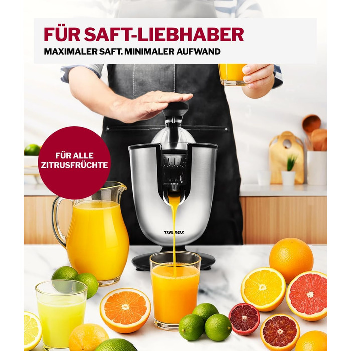 Електрична соковижималка Turmix Multi-Juicer CX 650 для цитрусових з нержавіючої сталі, 2 конуси для апельсинів та лимонів, тиха, посудомийна