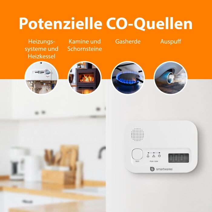 Smartwares Ко-Детектор газу 85 дБ – Сенсор на 10 років – Сповіщення через додаток – Кнопка тестування & безшумний режим – FGA-13800, на батарейках, білий