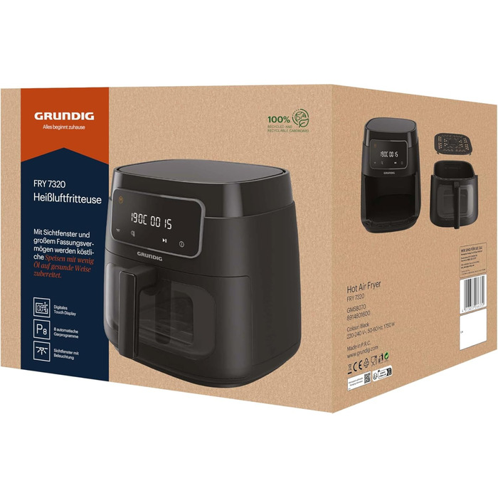 Аерофритюрниця Grundig FRY 7320, 7.6 л, 1750 Вт, сенсорне управління, антипригарне покриття, велике оглядове вікно, налаштування температури та часу, чорна, кошик для посудомийної машини