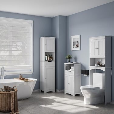Висока шафа для ванної Bealife 170x40x30 см, біла, з регульованими полицями, відкритою нішею, шухлядою та дверцятами для ванної кімнати, вітальні, спальні