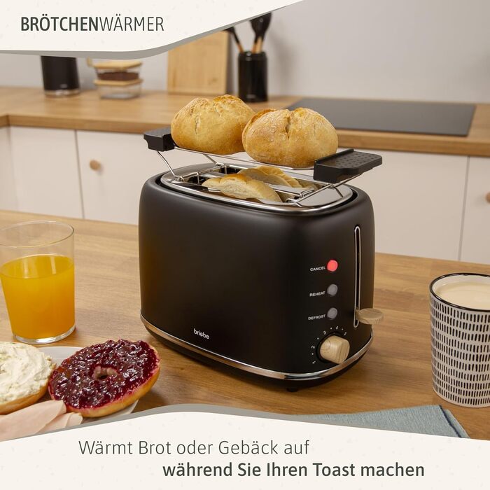 Тостер Briebe Nordic Set 2-слотовий з широкими прорізами, підставка для булочок, 6 режимів + Електричний чайник 1.7л 2200Вт, швидке нагрівання, без BPA, набір для сніданку, чорний