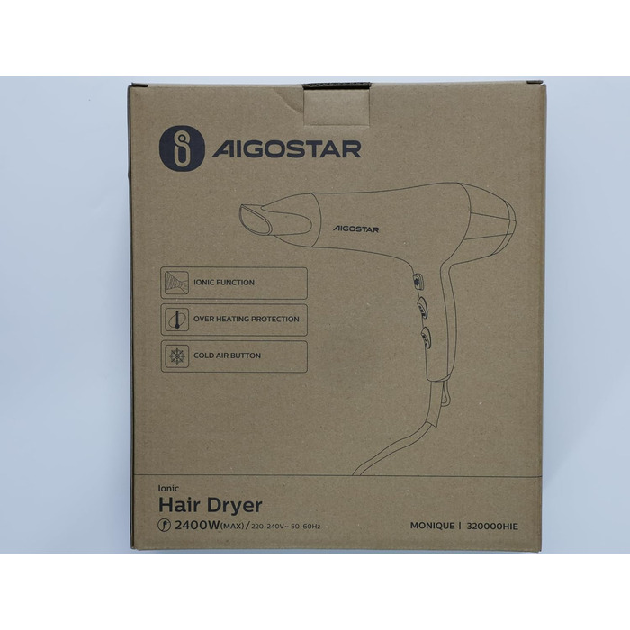 Фен для волосся Aigostar Monique 2400Вт з іонізацією, дифузором і насадками, професійний, чорний