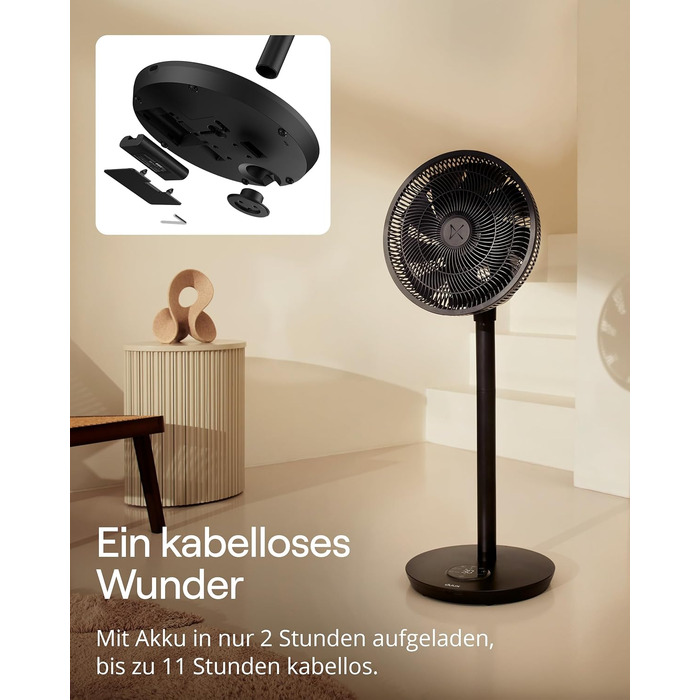 Duux Whisper Flex 2 Smart Вентилятор: тихий (13 дБ), нічний режим, таймер, регульована висота (54-92 см), енергоефективний, з Wi-Fi та пультом (чорний, з акумулятором)