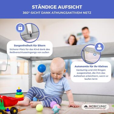 Дитячий манеж Mobiclinic Kids з ігровим килимком, складаний, 125x125 см, з бічним входом, сірий, дихаюча сітка, переносна сумка, без запаху, легко миється, безпечний