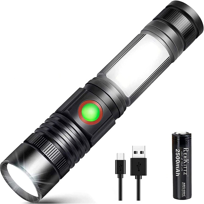 REHKITTZ LED-ліхтар надяскравий 2000 люмен, акумулятор 2500 мАг, перезаряджуваний, міні-ліхтарик з магнітом і COB, зум, універсальний ручний ліхтар для роботи