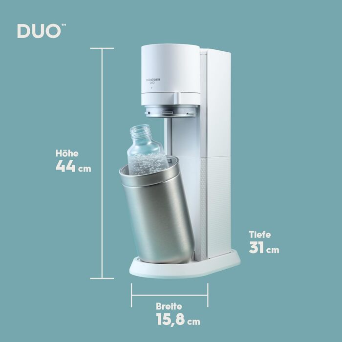 Сифон для води SodaStream Duo з CO2-циліндром, 2 скляними та 2 пластиковими пляшками по 1л (dishwasher safe), білий