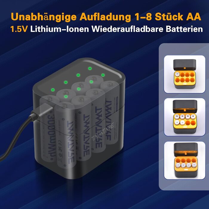 Набір акумуляторів Tanatare AA 1.5V 3000mWh Li-ion (8 шт) з зарядним пристроєм-кейсом, чорний