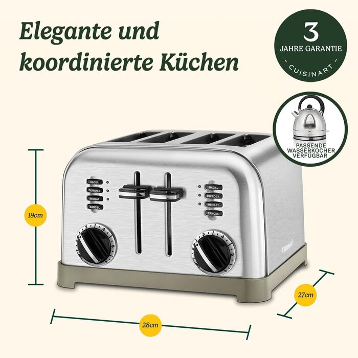 Тостер Cuisinart на 4 тостів, широкі слоти, 6 режимів, функція розморожування, для багета і бейглів, перламутровий