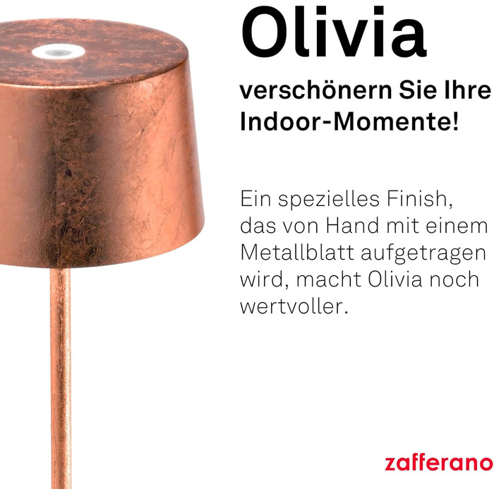 Zafferano Olivia Pro - портативна та перезарядна лампа для дому та саду, сенсорне керування, регулювання яскравості, 35 см, колір міді