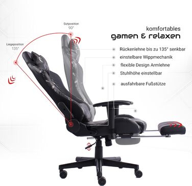 Ігрове крісло Gaming Chair з підніжкою, ергономічними 4D-підлокітниками та регульованою підтримкою спини, офісне крісло для геймерів (Чорний/Мілітарі-сірий)
