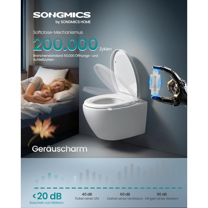 Сидіння для унітаза SONGMICS D-подібне з мікроліфтом (м'яким закриванням), знімна кришка з PP-пластику, витримує до 300 кг, біле, BTL003WZ01
