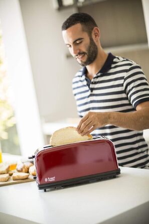 Тостер Russell Hobbs Colours+ Нержавіюча сталь, Червоний – 2 широкі слоти, підставка для булочок, 6 режимів, розморожування, 1000 Вт