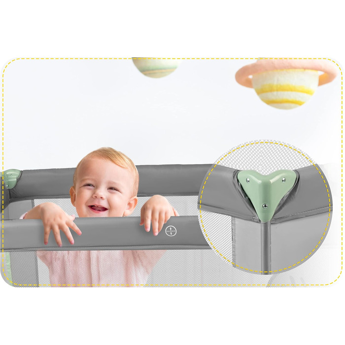 Дитяче ліжечко-манеж Ricokids, складне, з матрацом, 125x65x78 см, 15 кг, дві колеса з гальмами, знімний бічний вхід, сумка, світло-сірий та м'ятний колір
