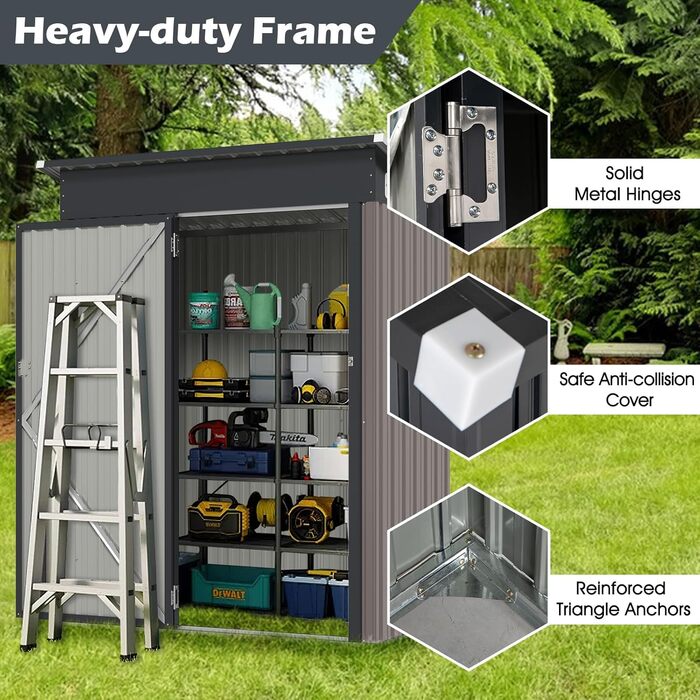Металевий садовий будиночок COSTWAY 150x90,5x185 см, 1,5 м³, з односхилим дахом та дверима, замиканий, для інструментів, сірий